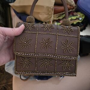 Beaded Floral Mini Top-Handle Bag in Brown By Y&S